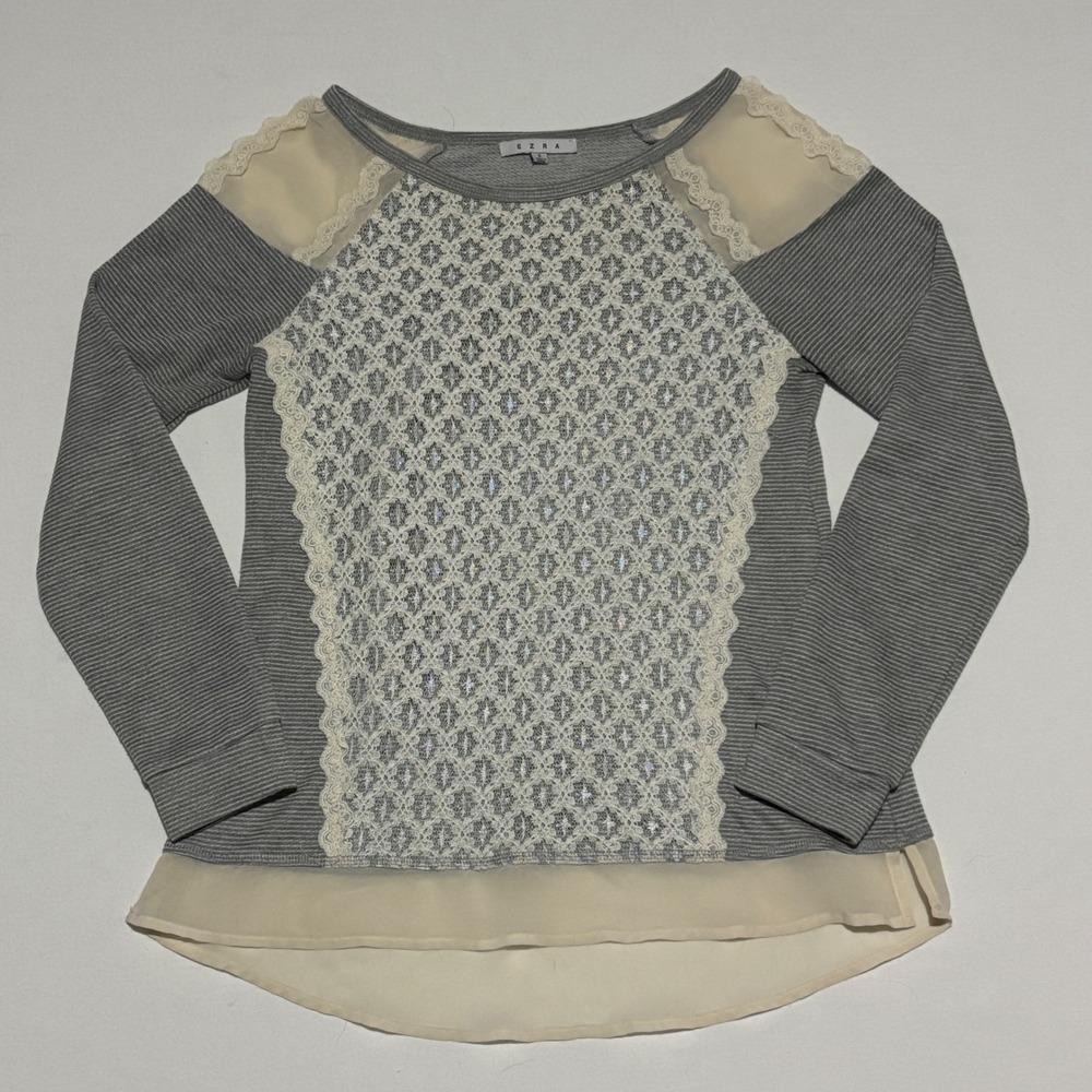 Ezra Lace Mixed Media Top Womens Small Grey Cream Striped Long Sleeve Coquette